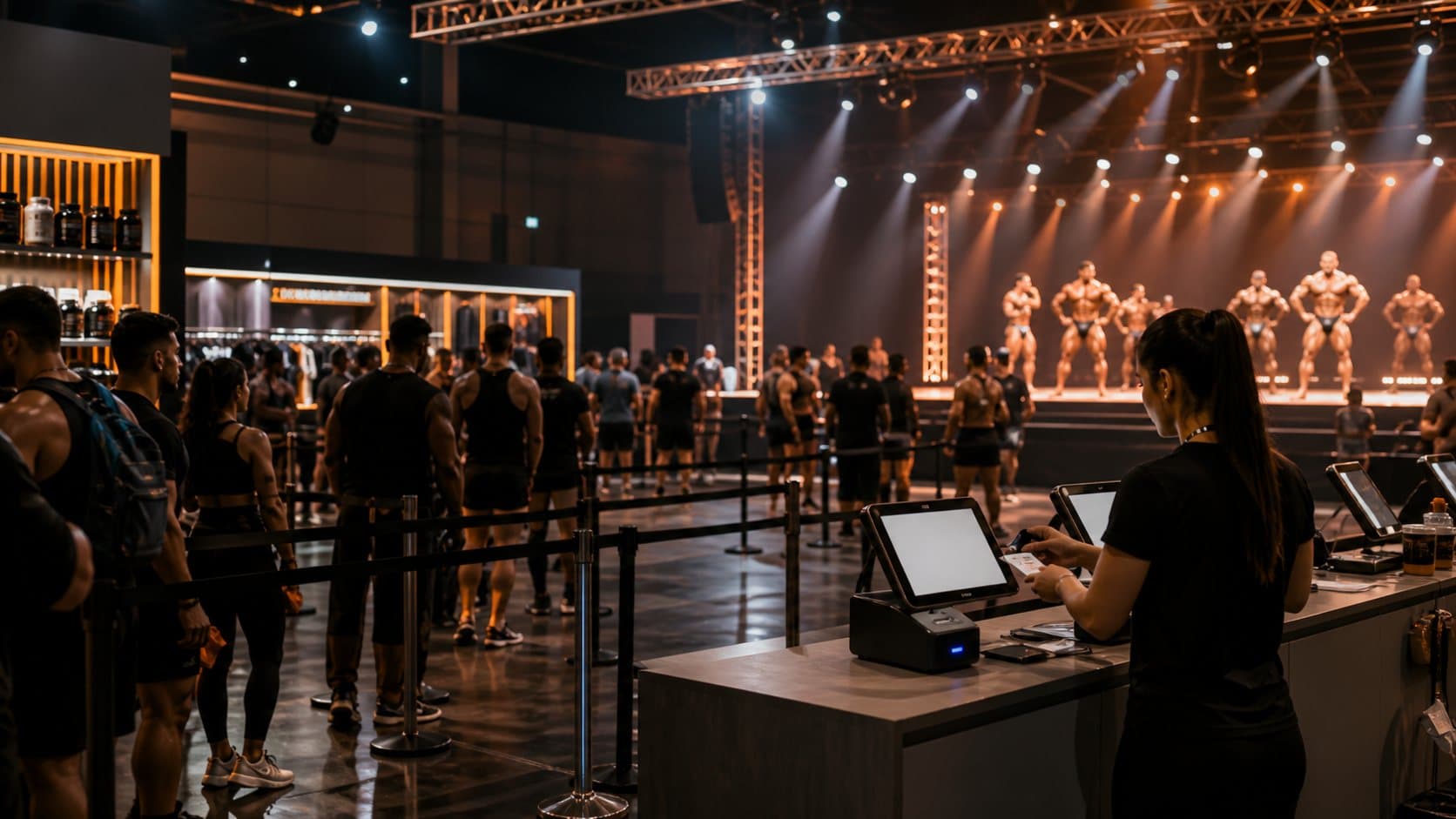 Bodybuilding event check-in desk with athletes, expo booths and stage lights